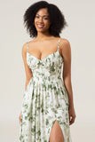 Green A-Line Spaghetti Straps Corset Floral Bridesmaid Dress With Slit