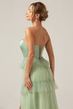 Matcha A-Line Strapless Tiered Long Bridesmaid Dress with Slit