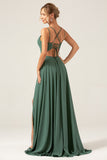 Eucalyptus A-Line Backless Chiffon Spaghetti Straps Long Bridesmaid Dress