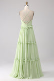 Green Ruffles A Line Spaghetti Straps Bridesmaid Dress with Lace-up Back