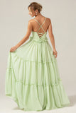 Ruffles A Line Green Bridesmaid Dress with Lace-up Back