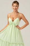 Green Ruffles A Line Spaghetti Straps Bridesmaid Dress with Lace-up Back