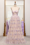 Tiered Lavender Flower Print Spaghetti Straps Bridesmaid Dress with Hollow-out