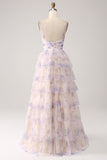 Tiered Lavender Flower Print Spaghetti Straps Bridesmaid Dress with Hollow-out