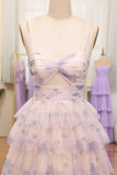 Lavender Flower Print Tiered Princess Prom Dress with Hollow-out