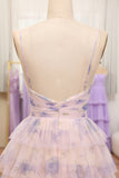 Lavender Flower Print Tiered Princess Prom Dress with Hollow-out