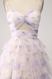 Lavender Flower Print Tiered Princess Prom Dress with Hollow-out