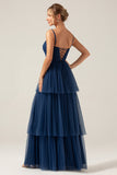 A Line Spaghetti Straps Tiered Tulle Pleated Prom Dress with Slit