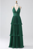 A-Line Pleated Dark Green Tiered Chiffon Bridesmaid Dress