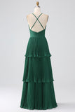 A-Line Pleated Dark Green Tiered Chiffon Bridesmaid Dress