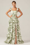 Green Floral Ruffles Tiered Floral Bridesmaid Dress with Slit