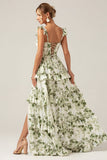 Green Floral Ruffles Tiered Floral Bridesmaid Dress with Slit