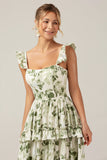 Green Floral Ruffles Tiered Floral Bridesmaid Dress with Slit