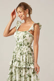 Green Floral Ruffles Tiered Floral Bridesmaid Dress with Slit