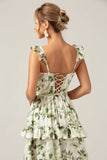 Green Floral Ruffles Tiered Floral Bridesmaid Dress with Slit