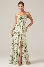 Green Floral Cowl Neck A Line Bridesmaid Dress with Slit