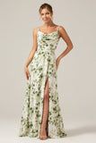 Green Floral Cowl Neck A Line Bridesmaid Dress with Slit