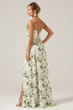 Green Floral Cowl Neck A Line Bridesmaid Dress with Slit