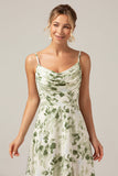 Green Floral Cowl Neck A Line Bridesmaid Dress with Slit