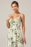 Green Floral Cowl Neck A Line Bridesmaid Dress with Slit