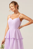 Lilac A Line Spaghetti Straps Ruffles Tiered Chiffon Bridesmaid Dress with Slit
