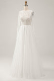 Elegant Ivory A Line Backless Long Sleeves Wedding Dress with Lace