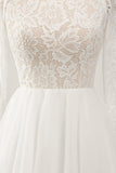 Elegant Ivory A Line Backless Long Sleeves Wedding Dress with Lace