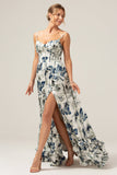 Blue Printed A-Line Spaghetti Straps Pleated Long Bridesmaid Dress With Slit