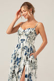 Blue Printed A-Line Spaghetti Straps Pleated Long Bridesmaid Dress With Slit