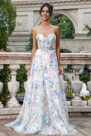 Ivory Flower Corset Boning A-Line Floral Prom Dress with Slit