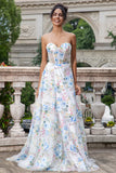 Ivory Flower Corset Boning A-Line Floral Prom Dress with Slit