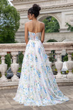 Ivory Flower Corset Boning A-Line Floral Prom Dress with Slit