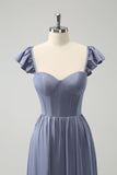 Grey Blue A Line Backless Corset Chiffon Bridesmaid Dress