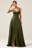 Olive A-Line Spaghetti Straps Satin Long Bridesamid Dress