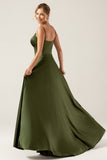 Olive A-Line Spaghetti Straps Satin Long Bridesamid Dress