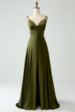 Olive A Line Spaghetti Straps Long Bridesmaid Dress with Slit