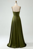 Olive A Line Spaghetti Straps Long Bridesmaid Dress with Slit