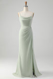 Elegant Matcha A Line Spaghetti Straps Satin Long Bridesmaid Dress with Slit