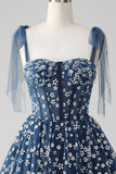 Navy A Line Spaghetti Straps Print Corset Short Prom Dress