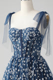 Navy A Line Spaghetti Straps Print Corset Short Prom Dress