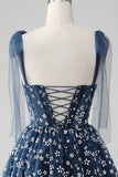 Navy A Line Spaghetti Straps Print Corset Short Prom Dress