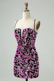 Sparkly Fuchsia Bodycon Spaghetti Straps Sequins Short Prom Dress