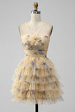 Cute Yellow A Line Halter Tiered Short Tulle Prom Dress