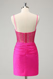 Fuchsia Bodycon Spaghetti Straps Ruched Short Prom Dress with Beading