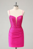 Fuchsia Bodycon Spaghetti Straps Ruched Short Prom Dress with Beading