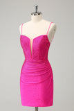 Fuchsia Bodycon Spaghetti Straps Ruched Short Prom Dress with Beading