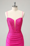 Fuchsia Bodycon Spaghetti Straps Ruched Short Prom Dress with Beading