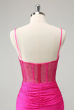 Fuchsia Bodycon Spaghetti Straps Ruched Short Prom Dress with Beading