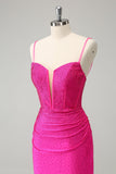 Fuchsia Bodycon Spaghetti Straps Ruched Short Prom Dress with Beading