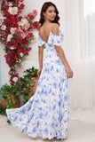 A Line Off the Shoulder Blue Floral Print Long Bridesmaid Dress